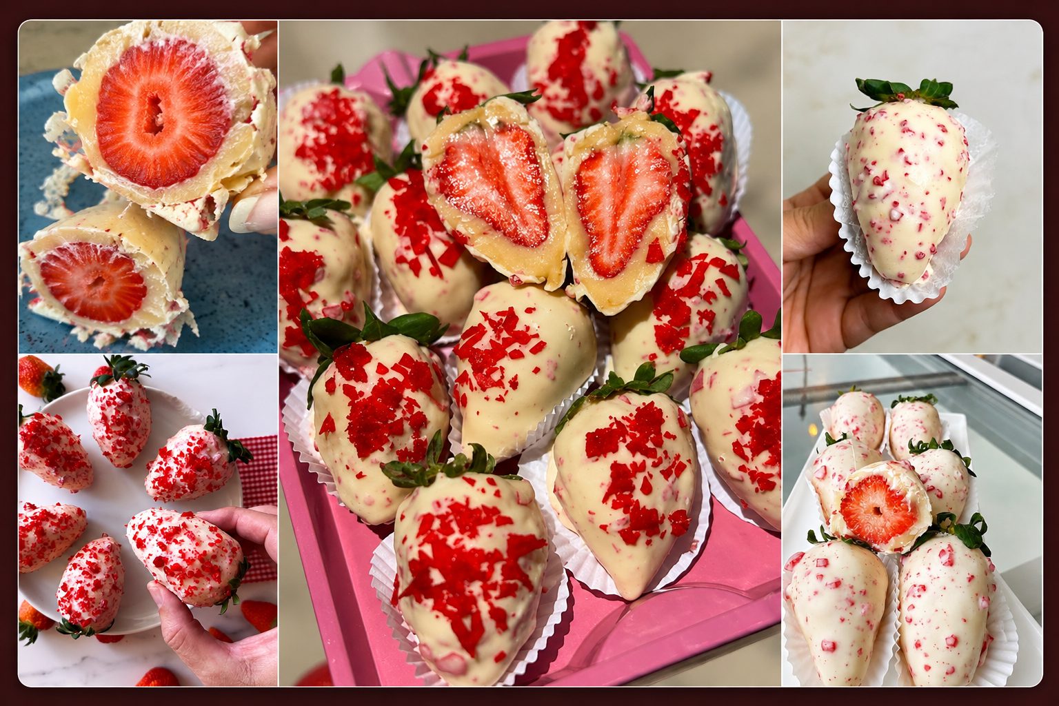 Mosaico de morangos cravejados cobertos com chocolate branco e lascas de morango